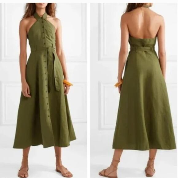 Mara Hoffman Olive Green Rosemary Halter Neck Midi Linen Dress Size 10 - Picture 1 of 10